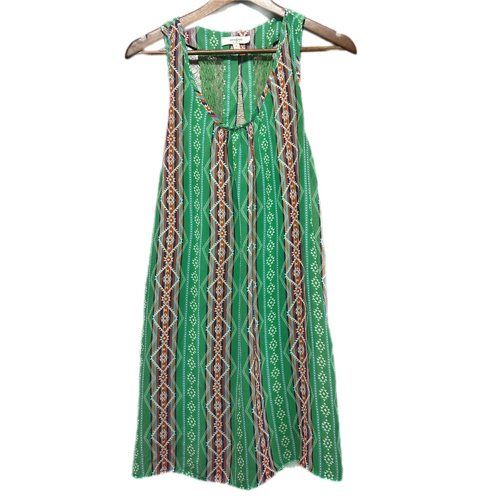 Umgee Tribal Geometric Mini Dress Womens Medium Green Excellent Lace Racerback
